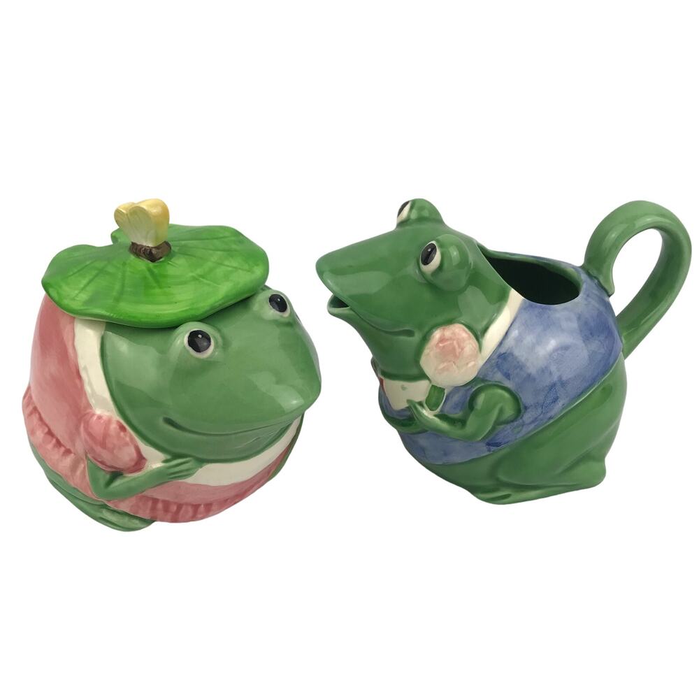 Mary Ann Baker Mr Mrs Frog Creamer Sugar Bowl w Lid Hand Painted Otagiri Japan